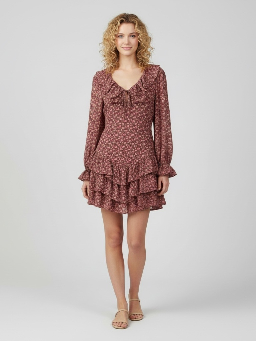 Forever 21 | LIKE NEW Floral long sleeve ruffle open back mini dress size small